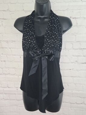 Y2k Trixxi Black Sheer Mesh Bust Halter Asymmetrical Hem Sz Lg Black Sequin